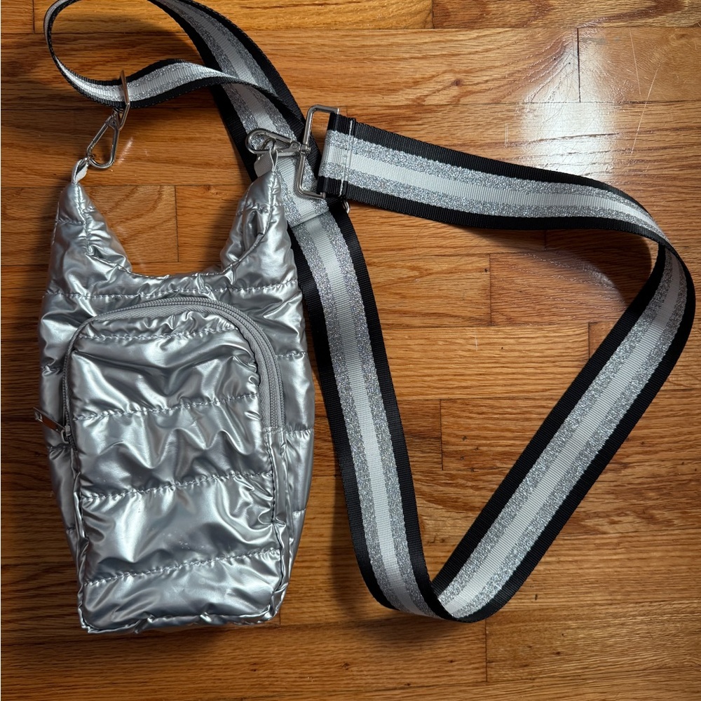 Silver Quilted Crossbody Bag with Striped Strap
